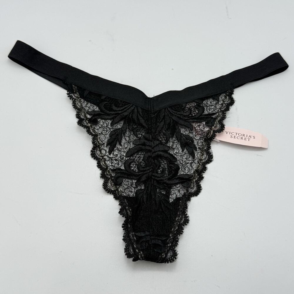 NWT 2003 Vtg Victorias Secret SIZE MEDIUM Black Lace Thong VerySexy Floral Sheer